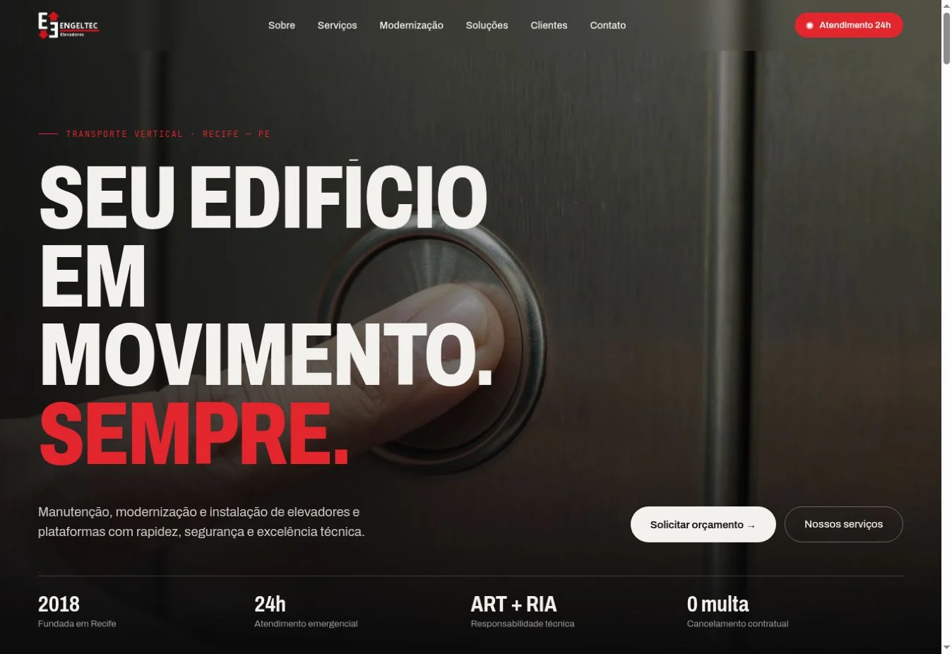 Capture du site Engeltec Elevadores : présentation de l’entreprise et de ses services d’ascenseurs